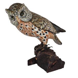 Vintage Ceramic Owl On Wood Base Figurine Hand Painted Folk Art